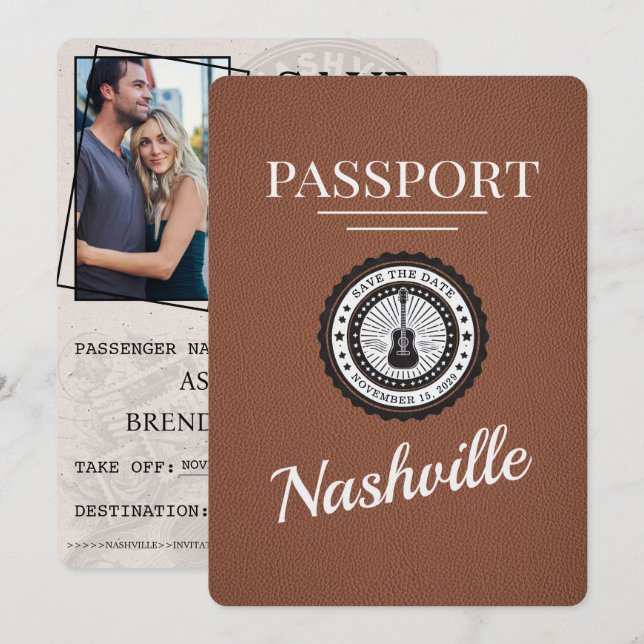 Save The Date Brown Nashville Passport Enregistrer La Date (Devant / Derrière)