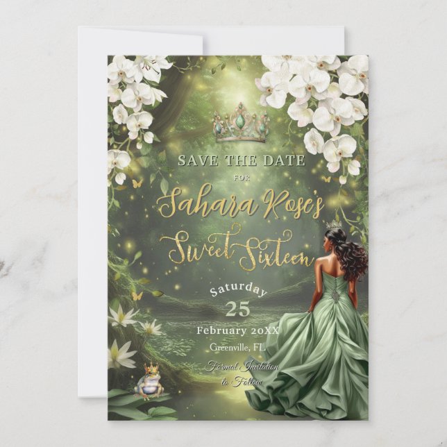Save The Date Brown Princess and Frog Sage Green Dress Sweet 16  (Devant)