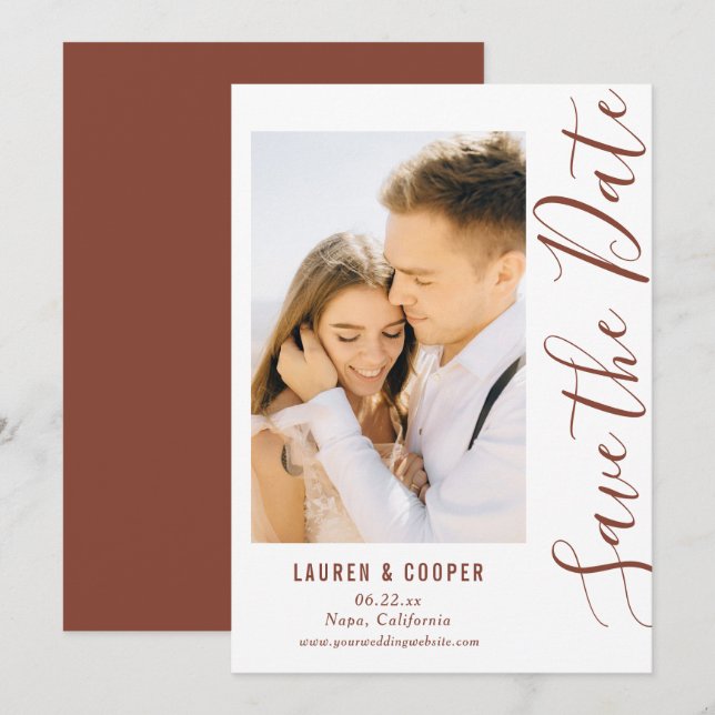 Save The Date Brown Stylish Script Modern Wedding (Front/Back)