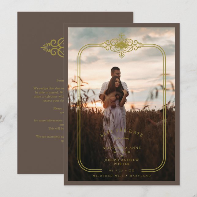 Save The Date Brown Trendy Lace Flourish Initials Wedding Photo (Devant / Derrière)