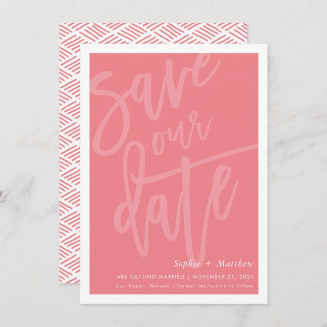 SAVE THE DATE brush lettered script coral pink Invitation (Front/Back)