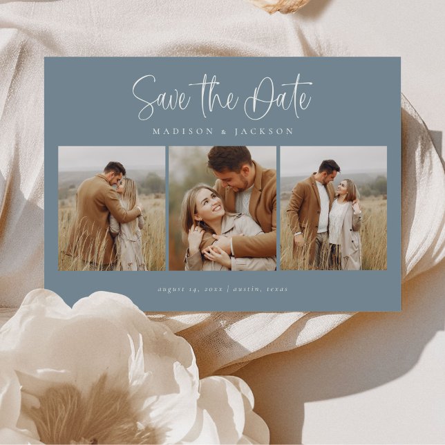 Save The Date Budget Bleu Simple Calligraphie Script Quatre Phot (Créateur téléchargé)