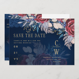 Save The Date Budget Burgundy Blue Floral dentelle Mariage SAVE 