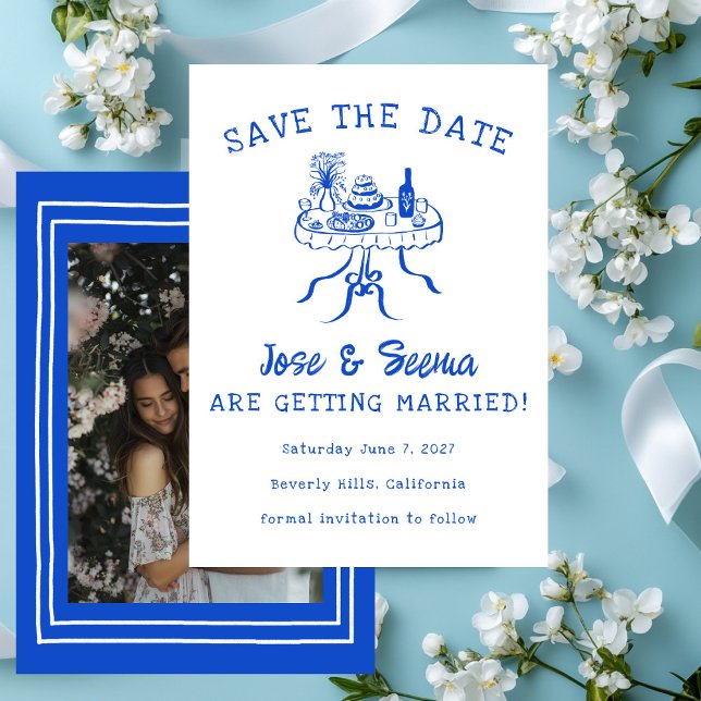 Save The Date Buffet Dîner Table Main Drate Cute Photo personnal (Buffet Dinner Table Hand Drawn Cute Custom Photo Save The Date Card
)