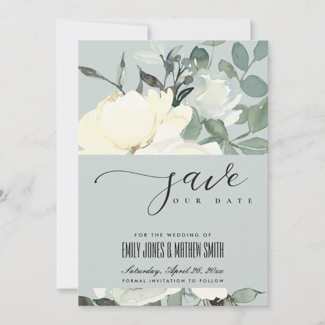 SAVE THE DATE BUNCH FLORAL EN AQUA BLANC EN IVOIRE GRISE (Devant)