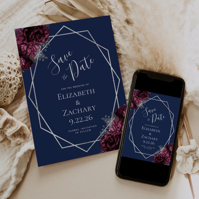 Save The Date Burgundy Argent Floral Geo Marine Bleu Enregistrer (Créateur téléchargé)