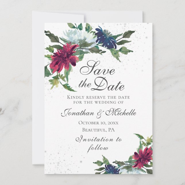 Save The Date Burgundy Blanc Bleu Élégant Mariage Floral (Devant)