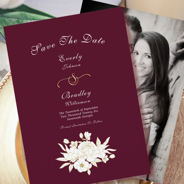 Save The Date Burgundy Blanc Or Floral Rose élégant classique (Créateur téléchargé)