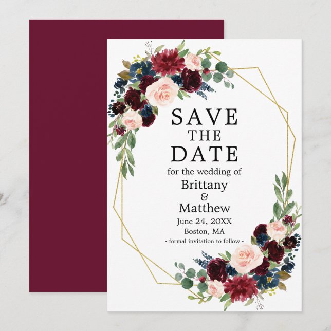 Save The Date Burgundy Bleu Aquarelle Floral Gold Geo Frame (Devant / Derrière)