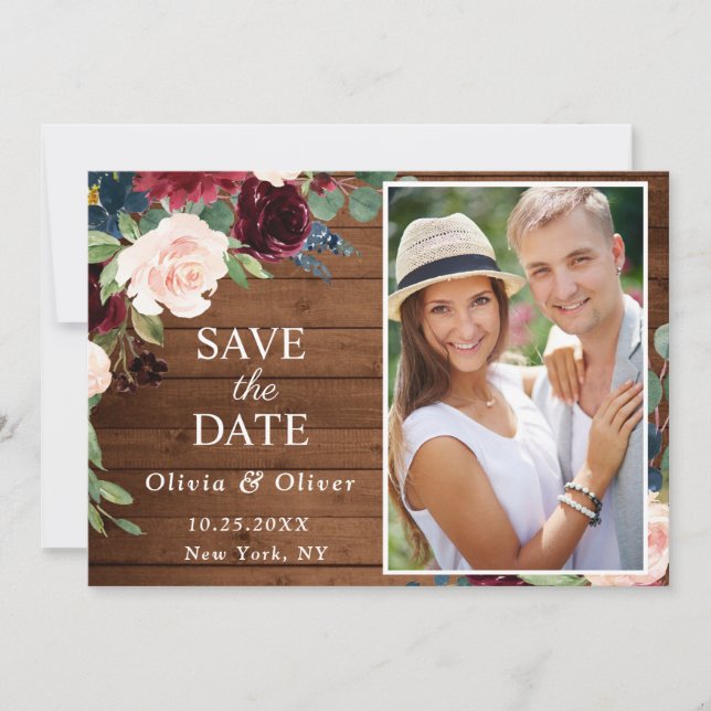 Save The Date Burgundy Blue Blush Russe PHOTO Floral Mariage (Devant)