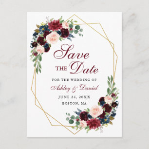 Save the Date Burgundy Blue Floral Gold Frame Announcement Postcard