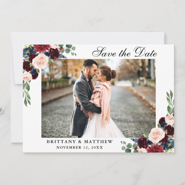 Save The Date Burgundy Blue Floral Photo Card (Front)