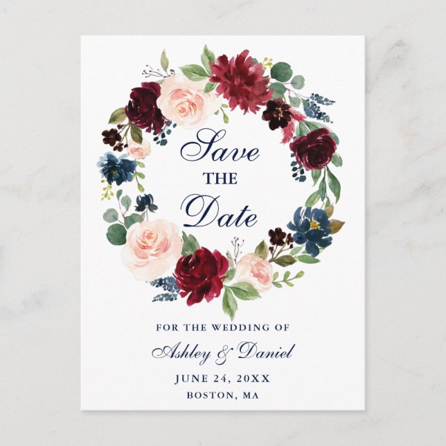 Save the Date Burgundy Blue Floral Wreath Announcement Postcard (Front)