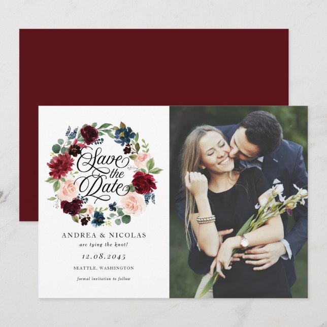 Save The Date Burgundy & Blue Floral Wreath Photo Enregistrer la (Devant / Derrière)