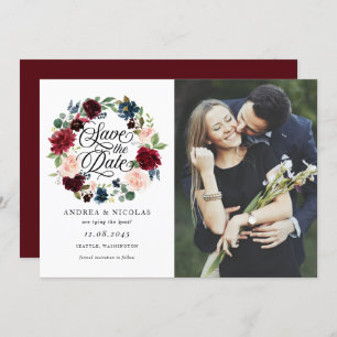 Save The Date Burgundy & Blue Floral Wreath Photo Enregistrer la