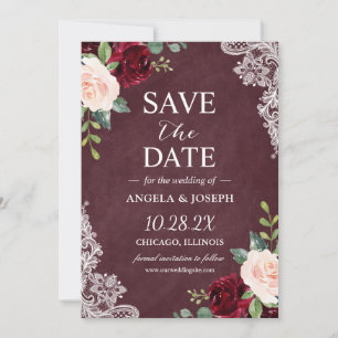 Save The Date Burgundy Blush Floral Beau Mariage de dentelle bla
