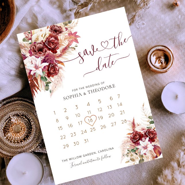 Save The Date Burgundy & Blush Floral Calendar (Créateur téléchargé)