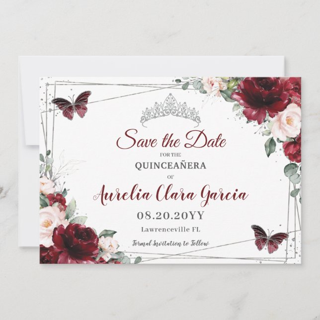 Save The Date Burgundy Blush Floral Crown Quinceañera 3 Photos (Devant)