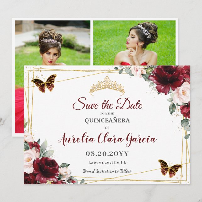Save The Date Burgundy Blush Floral Crown Quinceañera 3 Photos (Devant / Derrière)