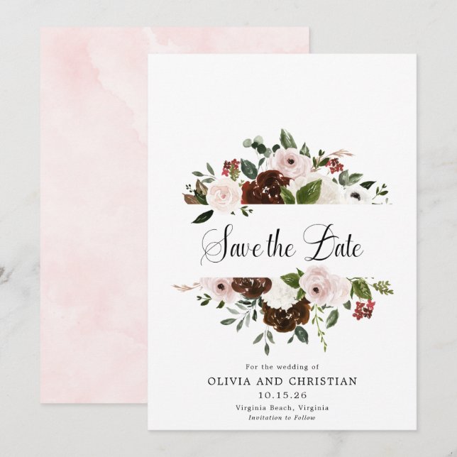 Save The Date Burgundy Blush Floral Moderne Calligraphie (Devant / Derrière)