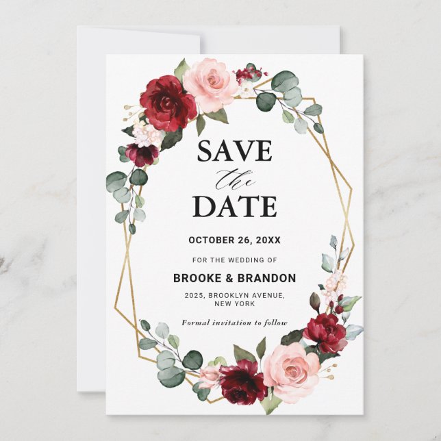 Save The Date Burgundy Blush Floral moderne Mariage géométrique (Devant)