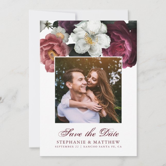 Save The Date Burgundy Blush Floral Photo (Devant)