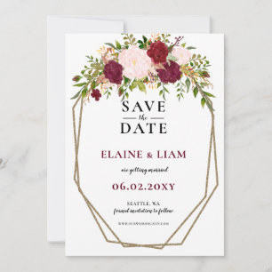 Save The Date Burgundy Blush Gold Floral Mariage