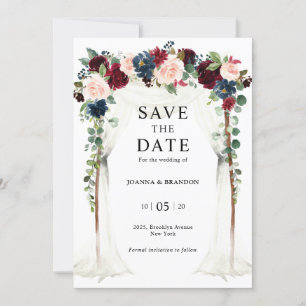 Save The Date Burgundy Blush Navy Floral Arch Canopy Mariage