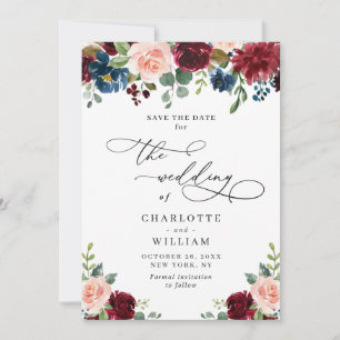 Save The Date Burgundy Blush Navy Floral Rose Rustic Mariage