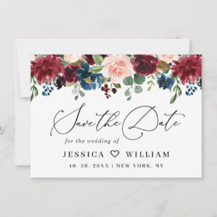 Save The Date Burgundy Blush Navy Floral Roses Floral Mariage