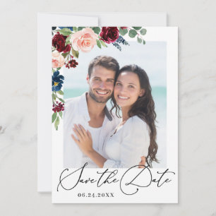 Save The Date Burgundy Blush Navy Floral Roses Mariage PHOTO Sav