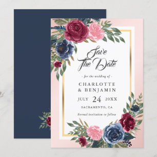 Save The Date Burgundy Blush Rose Navy Blue Floral Mariage