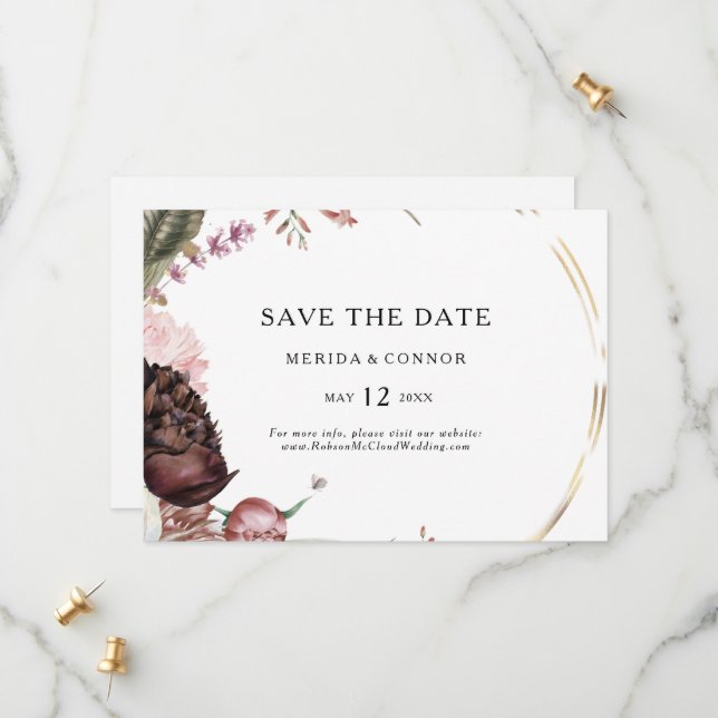 Save The Date Burgundy Boho Floral Horizontal Enregistrer la dat (Devant/Arrière en situation)