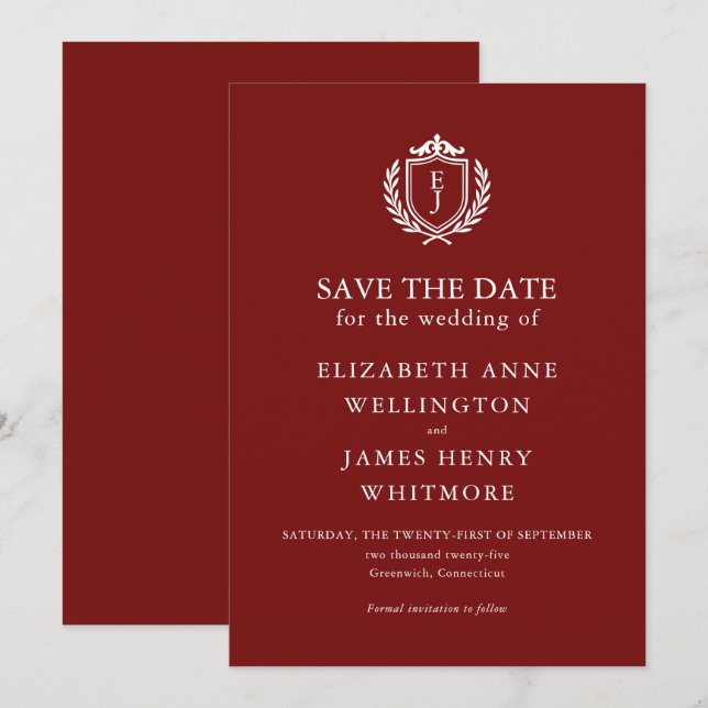 Save The Date Burgundy Crest Wedding Custom Initials (Devant / Derrière)