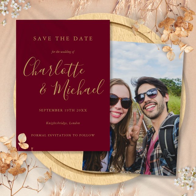 Save The Date Burgundy et Gold Elegant Signature Script Photo (Burgundy and Gold Elegant Signature Script Photo Save The Date)