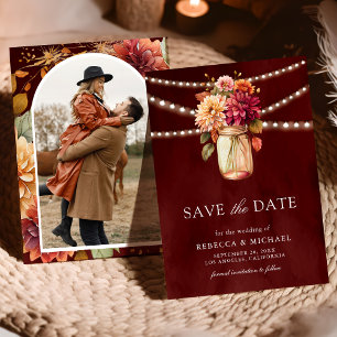 Save The Date Burgundy Fall Dahlia Mason Jar Mariage photo