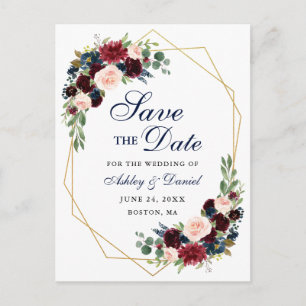 Save the Date Burgundy Floral Blue Gold Frame Announcement Postcard