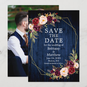 Save The Date Burgundy Floral Blue Wood Geo Frame Photo