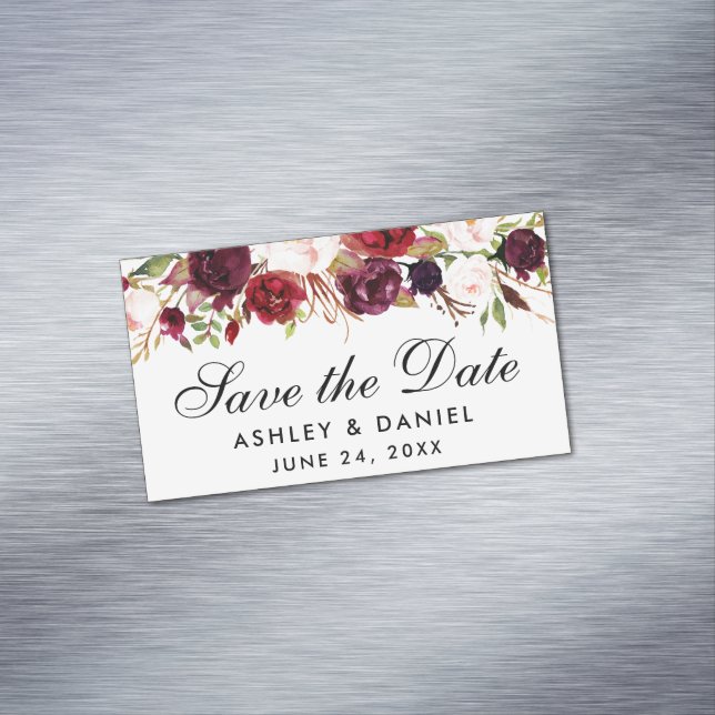 Save The Date Burgundy Floral Mini Magnet (In Situ)