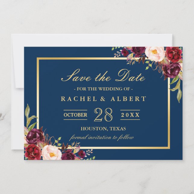 Save The Date Burgundy Floral Navy Blue Photo Enregistrer la dat (Devant)
