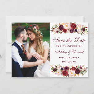 Save The Date Burgundy Floral Photo Enregistrer La Date