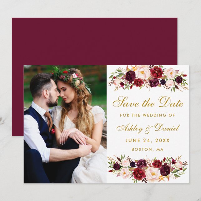 Save The Date Burgundy Floral Photo Gold Enregistrer La Date (Devant / Derrière)
