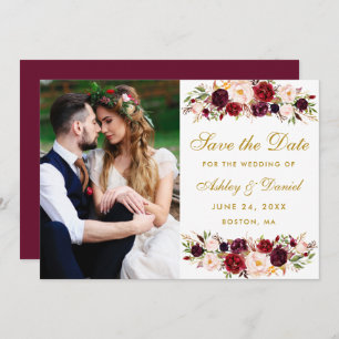 Save The Date Burgundy Floral Photo Gold Enregistrer La Date