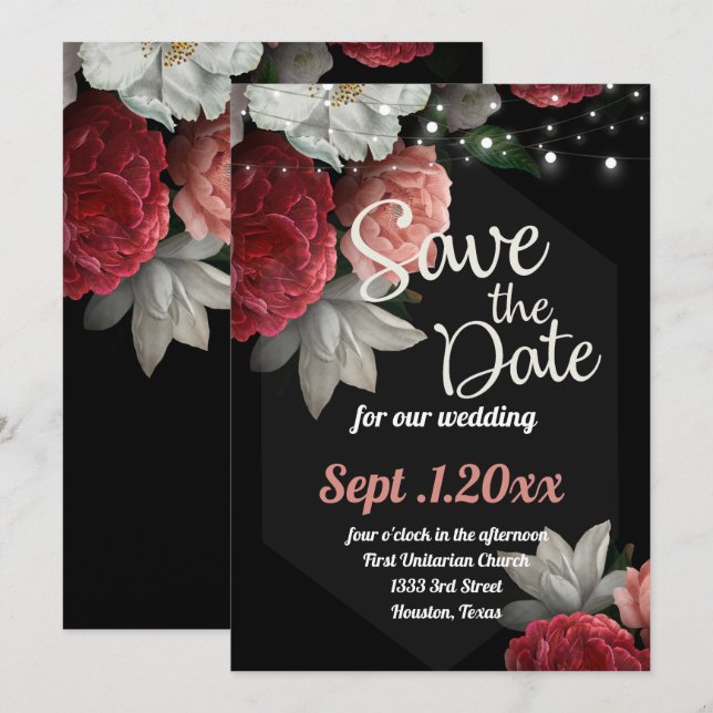 save the date Burgundy floral string light Invitation (Front/Back)