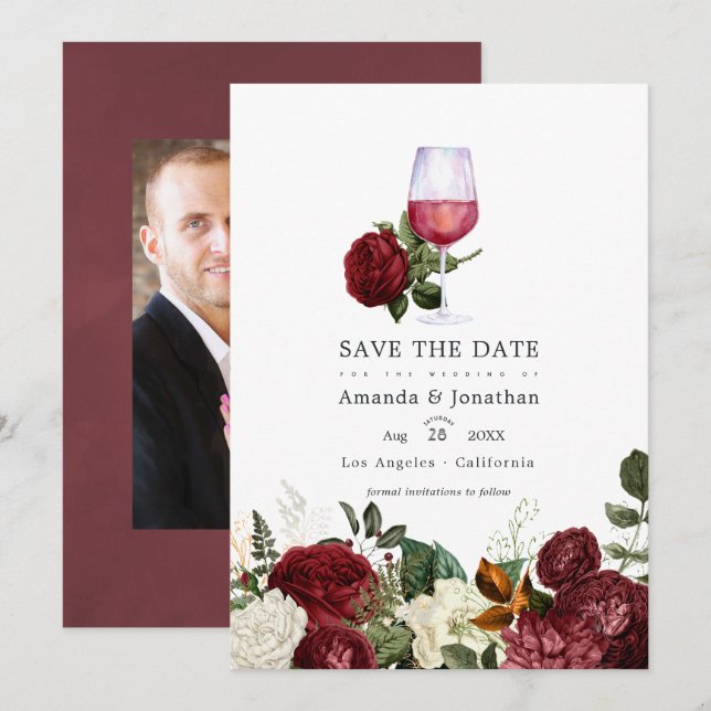 Save The Date Burgundy Floral Vin Dégustation Mariage Photo (Devant / Derrière)