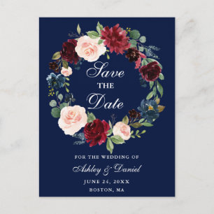 Save the Date Burgundy Floral Wreath Blue Announcement Postcard