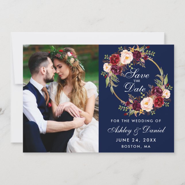 Save The Date Burgundy Floral Wreath Blue Enregistrer la date Ph (Devant)