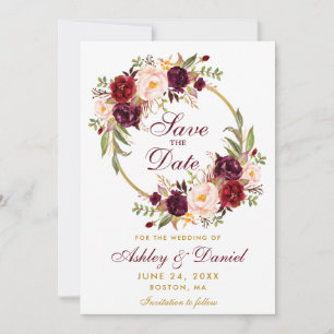 Save The Date Burgundy Floral Wreath Gold Enregistrer La Date GB