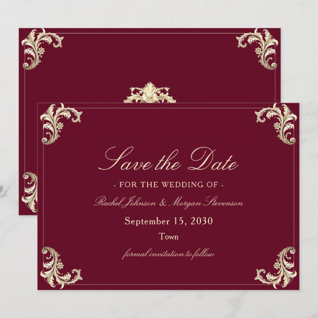 Save The Date Burgundy Gold Baroque Wedding (Devant / Derrière)