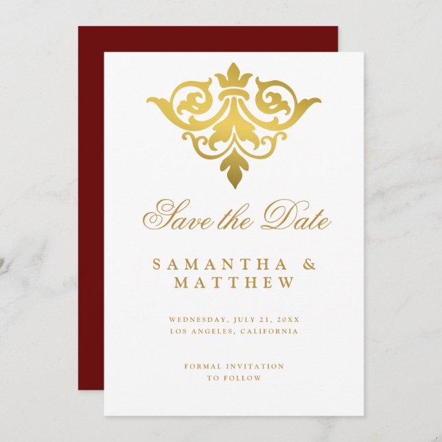 Save The Date Burgundy Gold Damask Mariage Indien Enregistrer La (Devant / Derrière)
